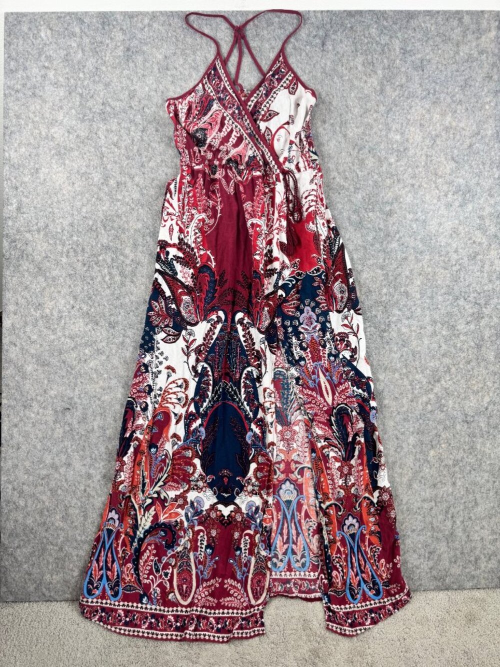 Band Of Gypsies Maxi Dress Sz L Burgundy Navy Boho Strappy Sundress